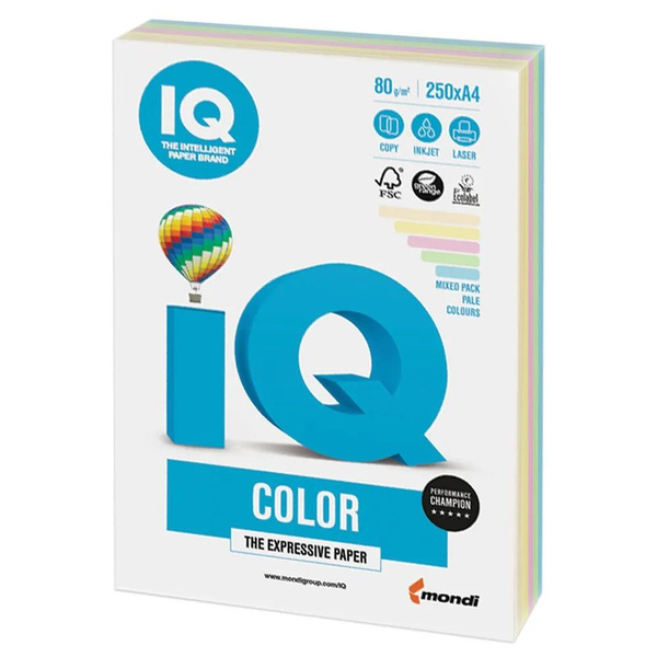 Бумага IQ color pastell А4, честные 80 г/м, 250 листов, (5 цветов x ...