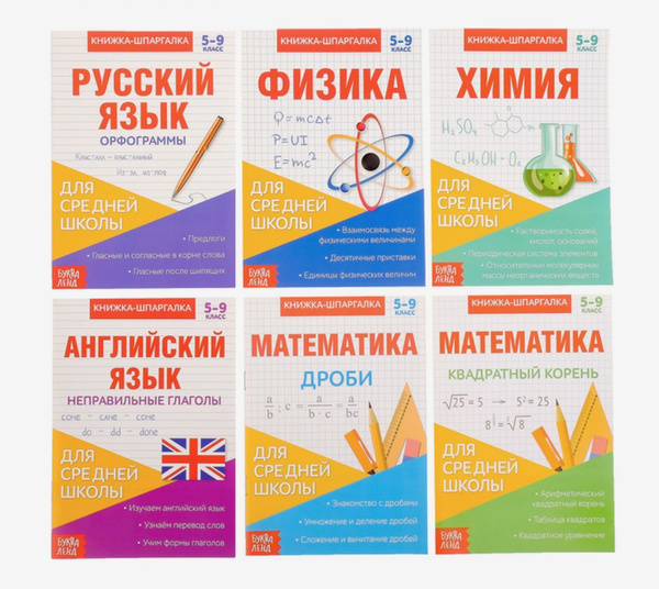 Книги-шпаргалки. Набор для средней школы, 6 книг по 8 страниц. Физика ...