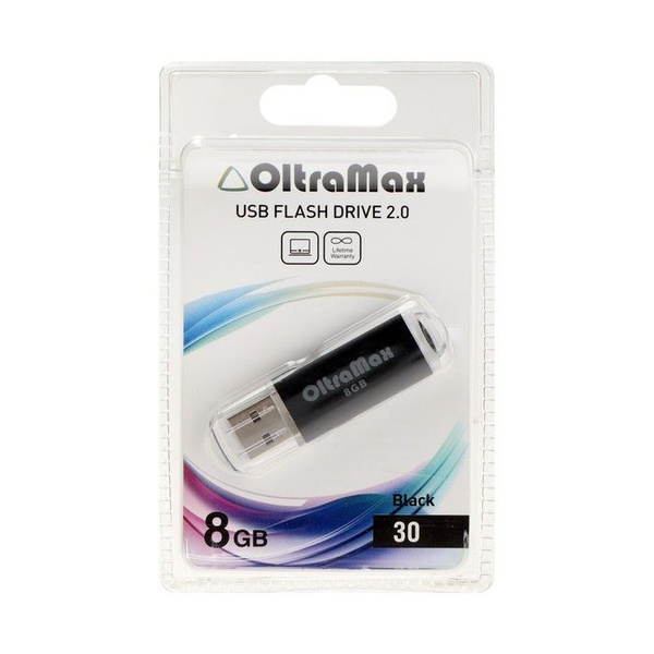 Флешка OltraMax 30, 8 Гб, USB2.0, чт до 15 Мб/с, зап до 8 Мб/с, чёрная ...