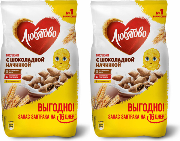 Сухой завтрак Любятово подушечки с шоколадной начинкой, комплект: 2 ...