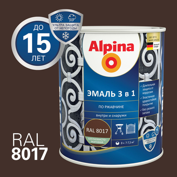 Грунт-эмаль Alpina Эмаль по ржавчине 3 в 1 / Альпина Быстросохнущая ...