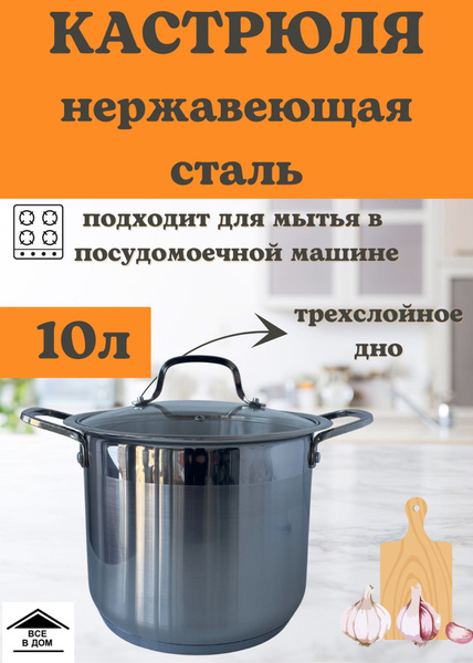 Кастрюля из нержавеющей стали со стеклянной крышкой для всех видов плит ...