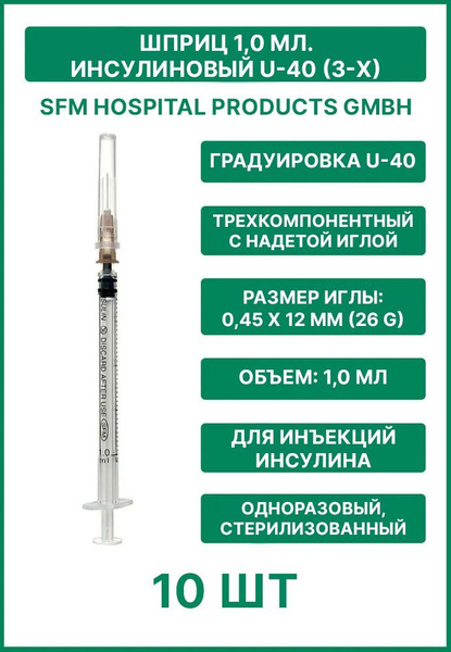 Шприц 1,0 мл. инсулиновый U-40 (3-х компонентный) SFM, Германия ...