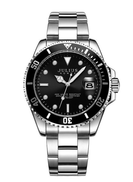 Мужские кварцевые наручные часы JULIUS круглым черным циферблатом, на ...