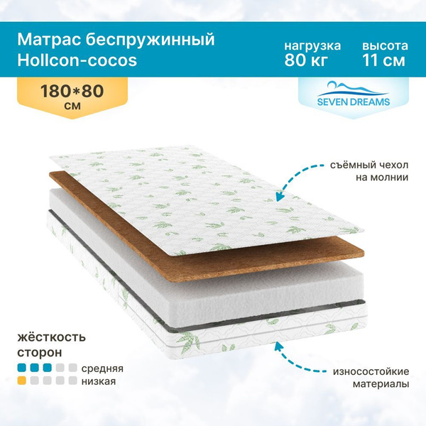 Матрас в кроватку Seven dreams Classic Hollcon_Холкон, Беспружинный, 80 ...