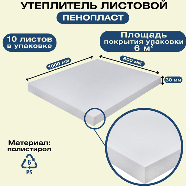 Утеплитель листовой 600x1000 мм, набор 10 листов. Теплоизоляционный ...