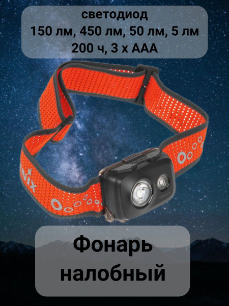 Фонарь налобный, светодиод, 150 лм, 450 лм, 50 лм, 5 лм, 200 ч - купить ...