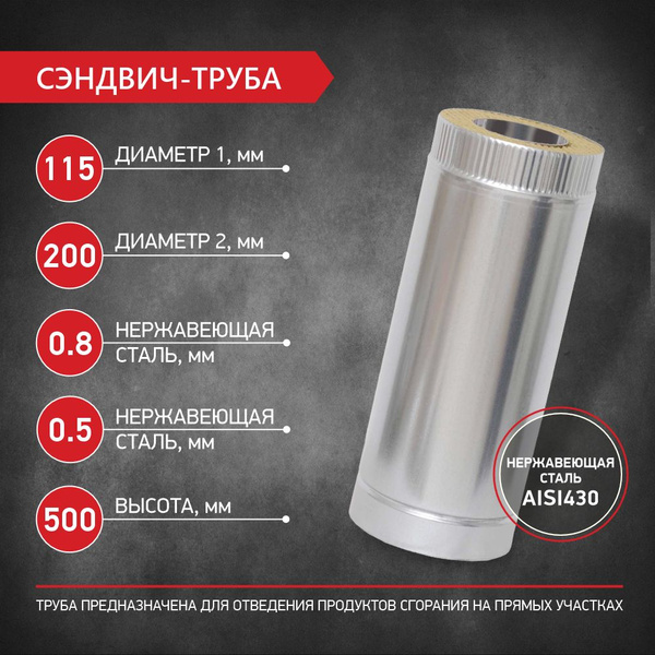 Сэндвич труба для двустенного дымохода D 115 мм / D 200 мм, L 500 мм ...