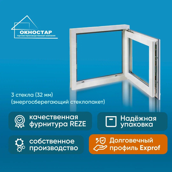 Пластиковое окно ПВХ, 500х500 (ВхШ), одностворчатое, поворотно-откидное ...