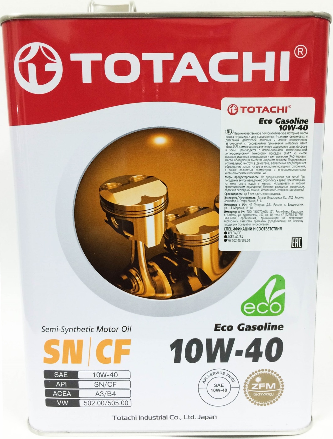 TOTACHI ECO GASOLINE SN/CF 10W-40, Масло моторное, Полусинтетическое, 4 л