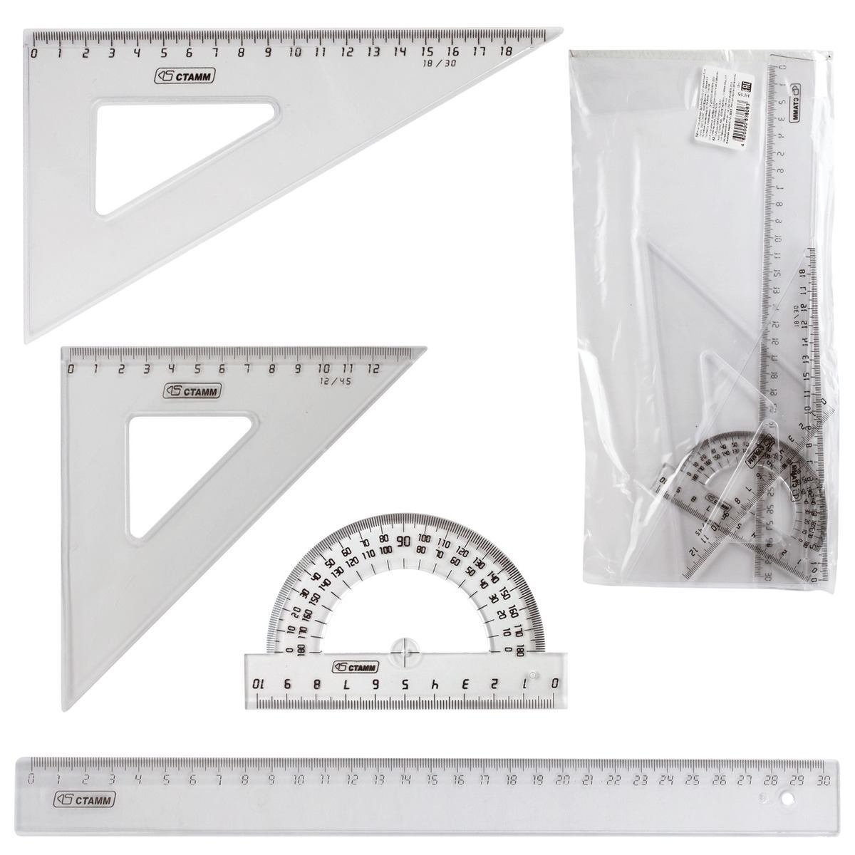 Набор чертежный СТАММ большой (линейка 30 см, 2 угольника, транспортир), прозрачный (НГ15)