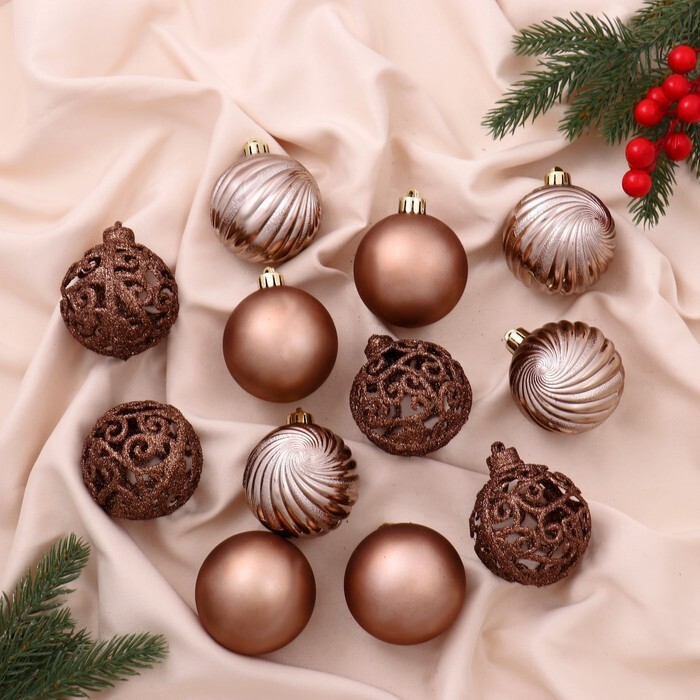 Елочные игрушки набор шаров 6 см, 12 шт "Николь узоры" коричневый