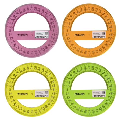 Транспортир пластиковый 12 см, 360 градусов, прозрачный, неоновый, 210621