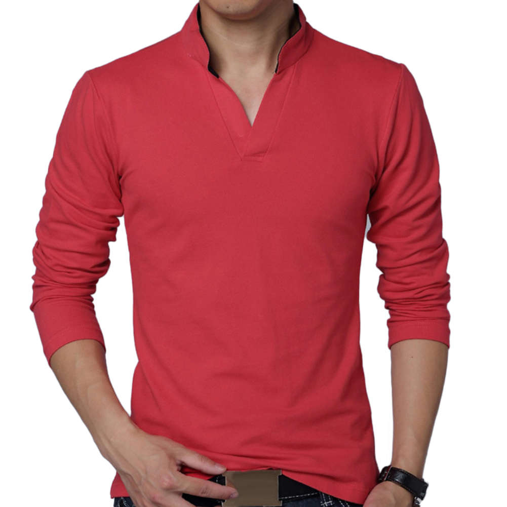 Polo t-Shirt Solid Color long-Sleeve Slim Fit Shirt men Cotton Polo