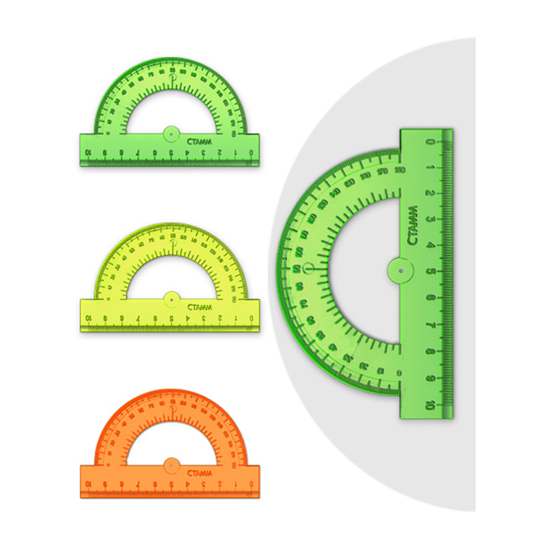 Транспортир 10 см, 180 градусов СТАММ, пластиковый, отливная шкала, прозрачный, неоновые цвета, 3 шт
