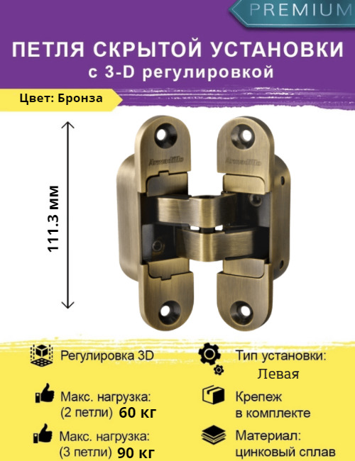 Петля скрытой установки для дверей с притвором rezident sch pr 1 матовый хром 60 кг