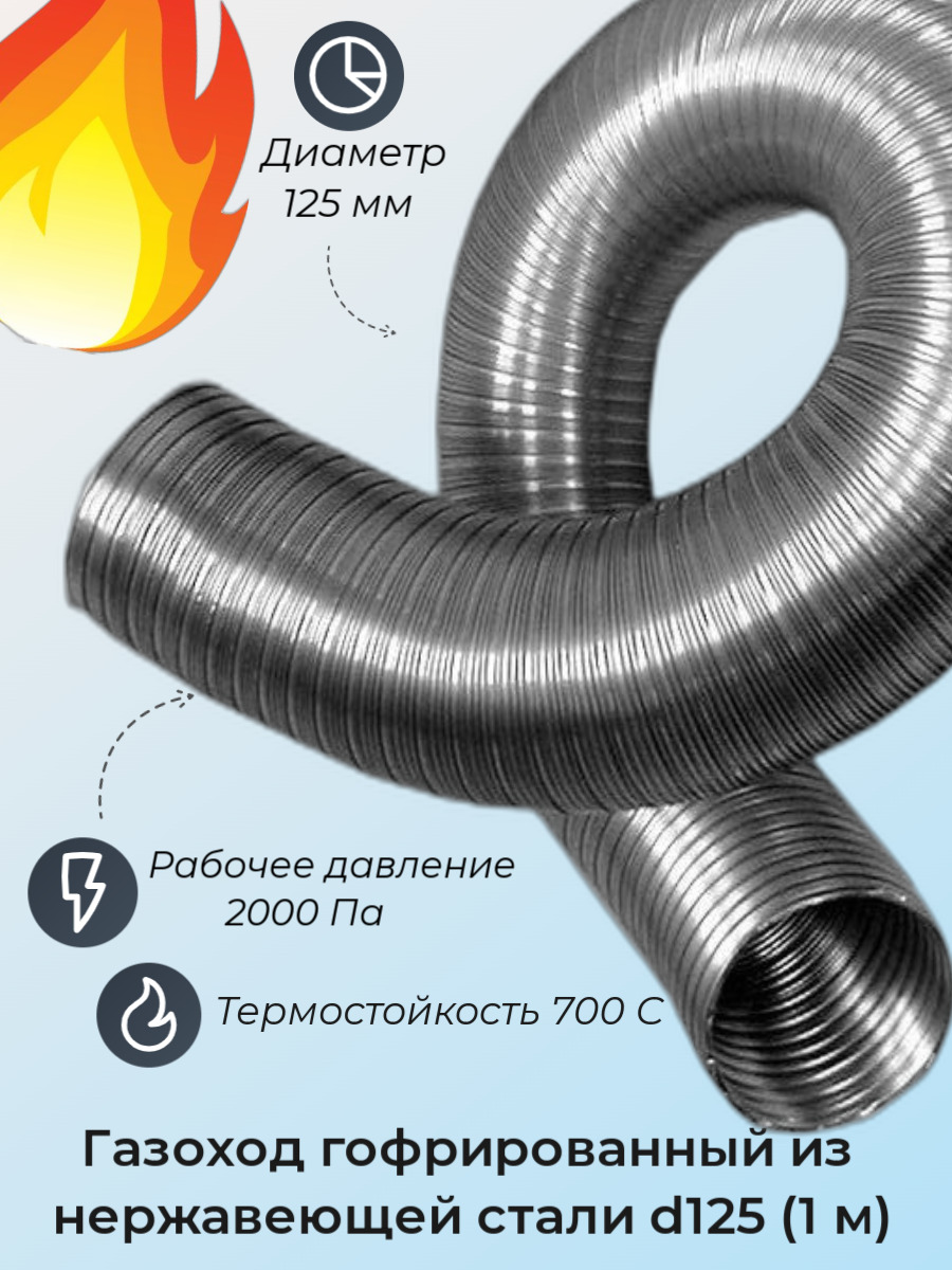  Газоход гофрированный d125 мм (1м) из нержавеющей стали