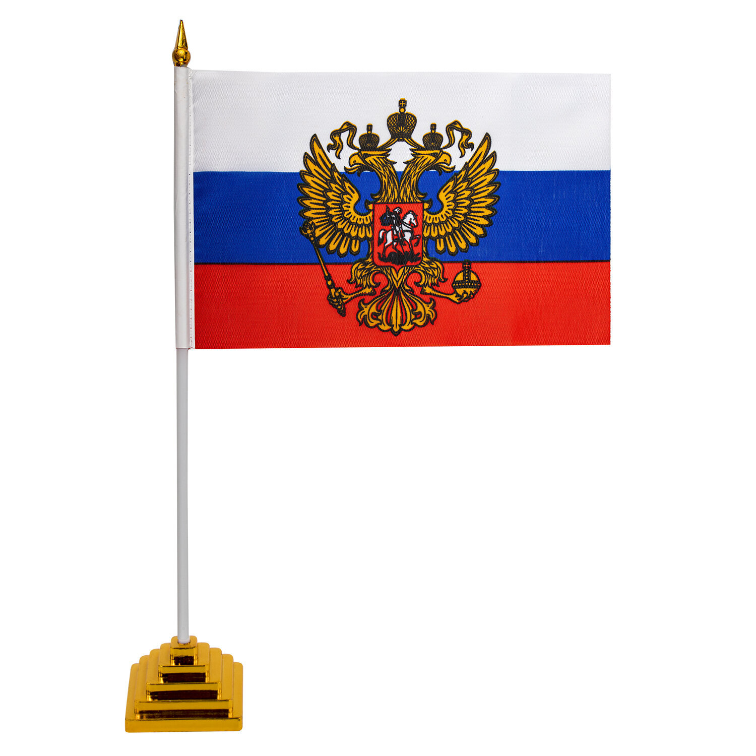Флажок настольный. Флаг России БРАУБЕРГ. Флаг России 90х135 см, с гербом РФ, BRAUBERG, 550178. Флажок на подставке.