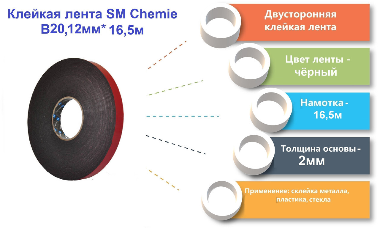 B20SMСhemie,лентаклейкаядвухсторонняяакриловаячернаядляавтомобилей,12мм*16,5м,толщина2мм.