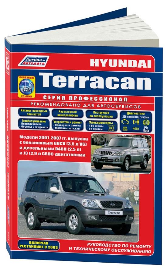 Hyundai Terracan 2001-07 рестайлинг 2003 с бензин G6CV(3,5) и дизель D4BH(2,5), J3(2,9 CRDi). Серия Профессионал Ремонт. Эксплуатация. Техническое обслуживание. Каталог расходных запчастей