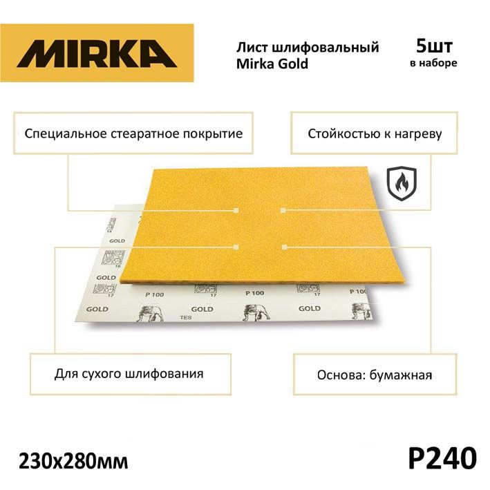 Лист шлифовальный на бумажной основе Mirka Gold 230ммх280мм P240 (уп. 5шт)