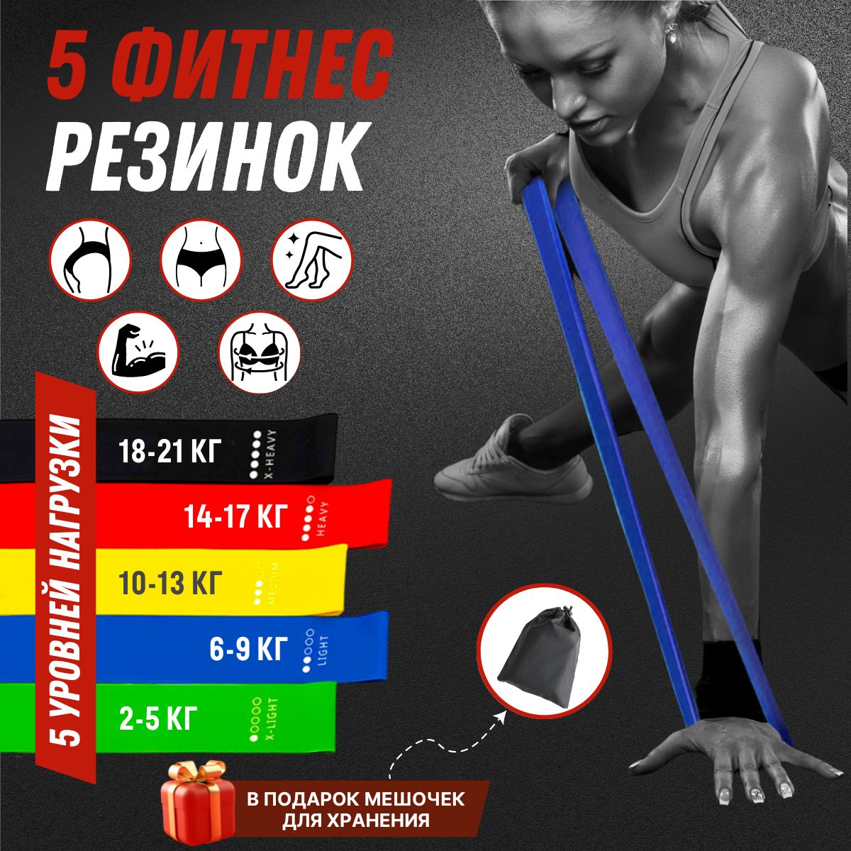 Спортивные фитнес резинки для спорта, фитнеса, йоги, пилатеса (в наборе 5  резинок диаметром 60 см разной нагрузки)