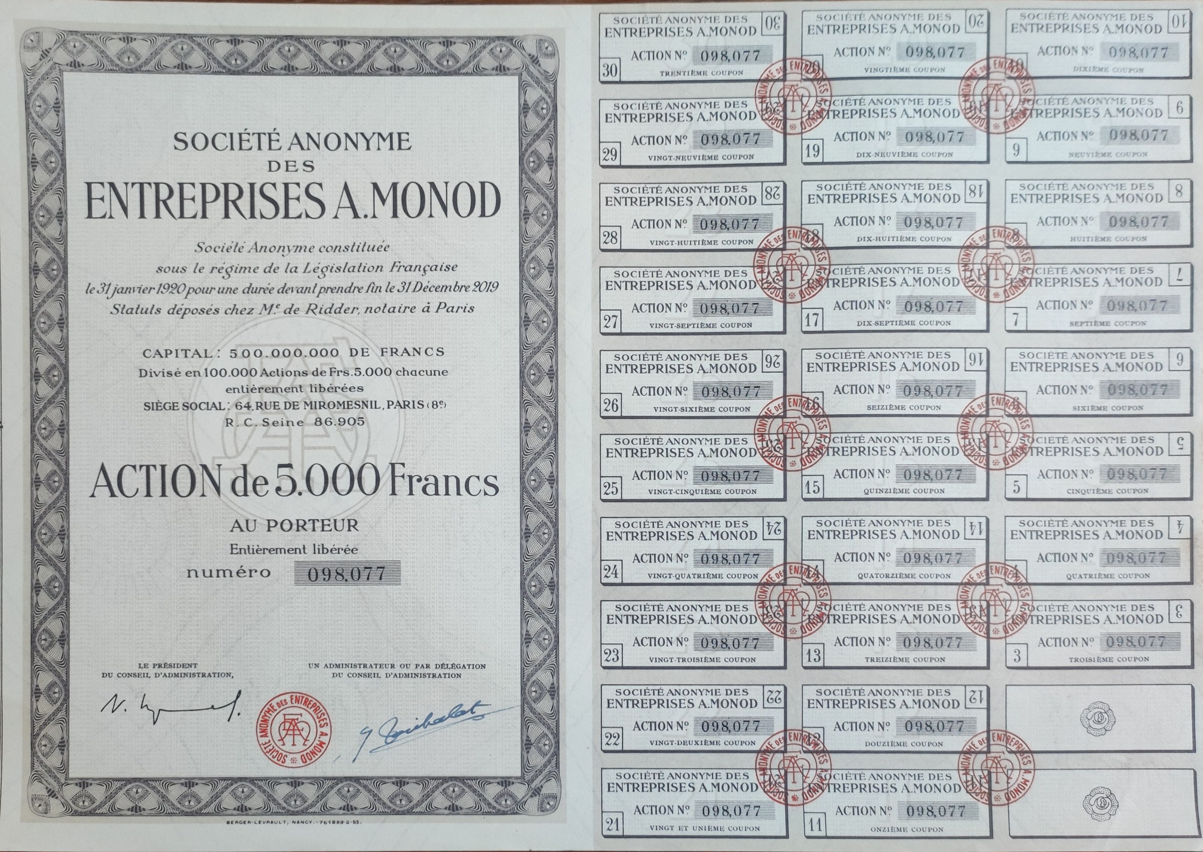 Акция Компании A. Monod в 5000 франков. 1920 г.