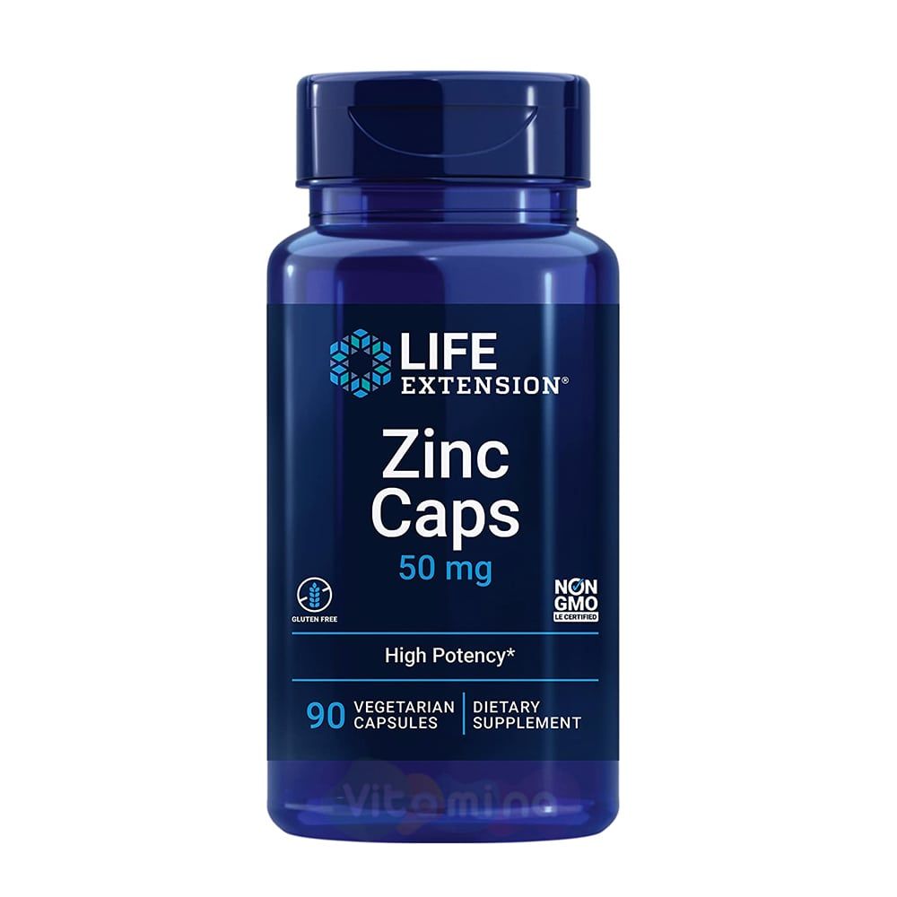 Life Extension, Zinc Caps, Цинк комплекс высокой эффективности, 50 мг, 90 капсул