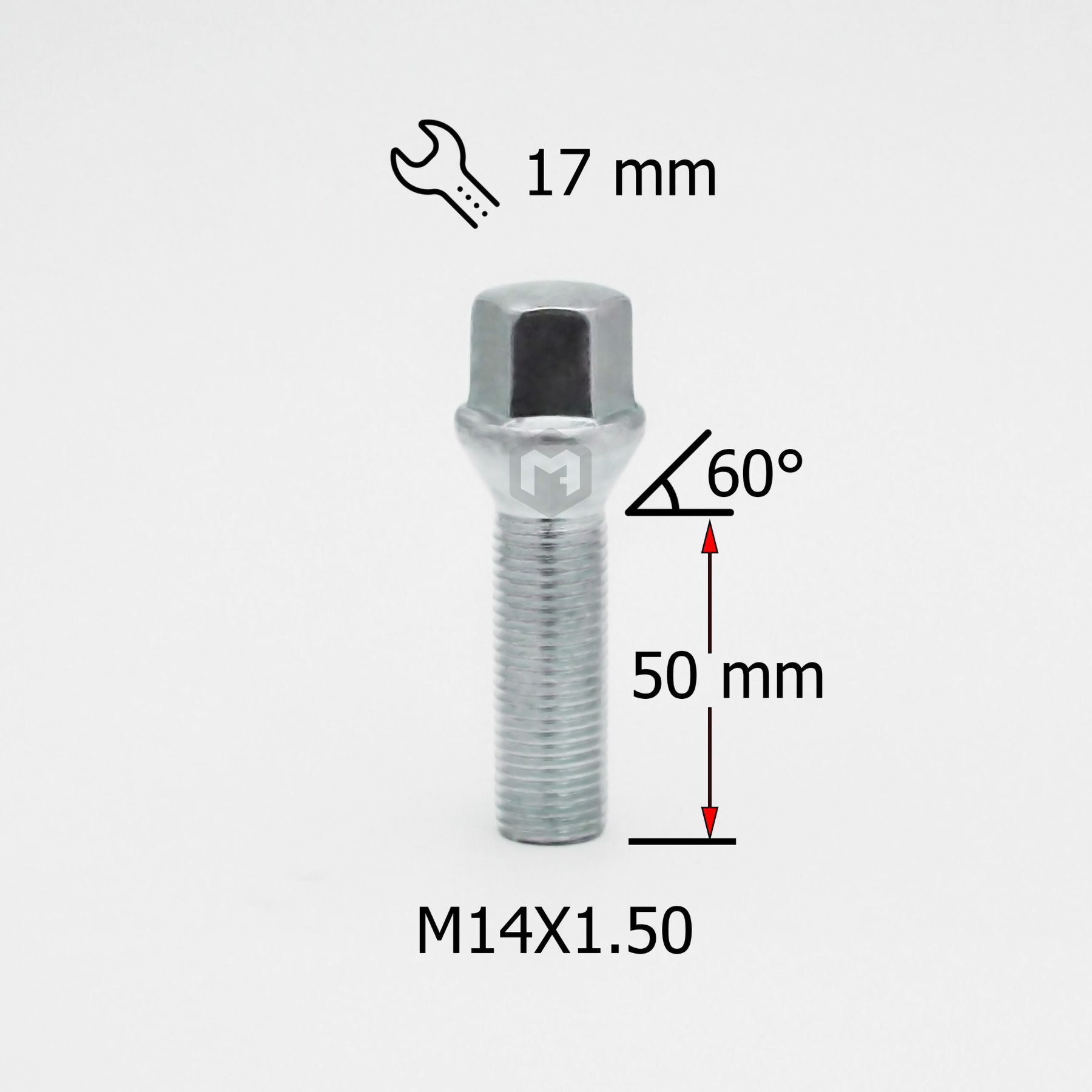 Болт колесный M14x1,5 длина резьбовой части 50мм, Конус - 20 штук, ключ 17мм, цинк