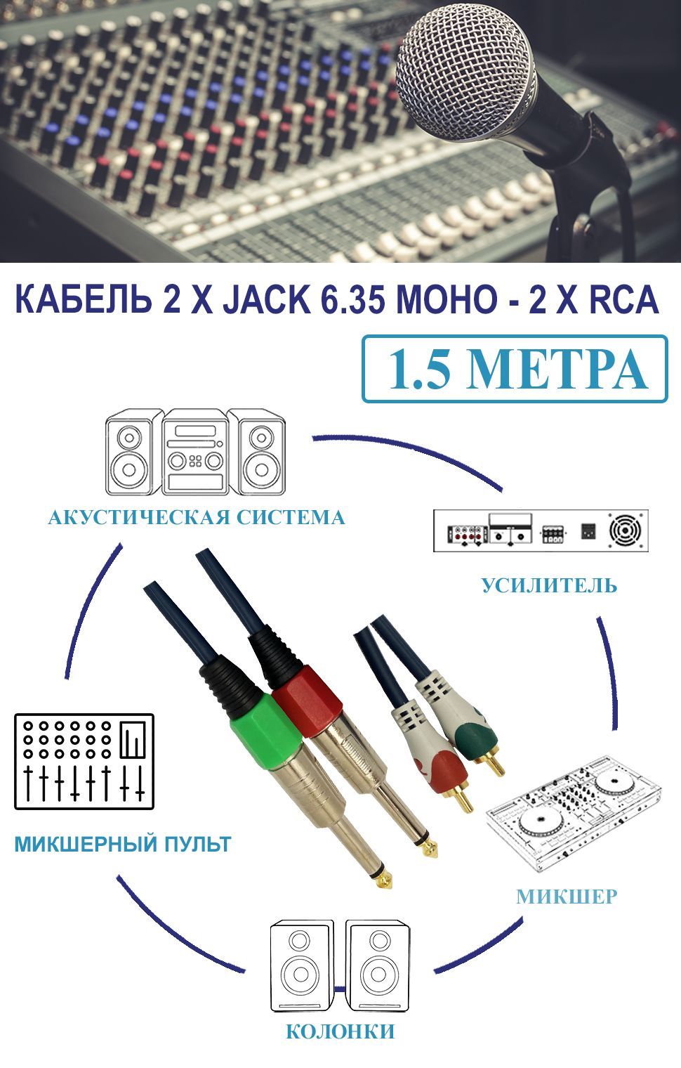 Аудио кабель акустический 1.5 метра, 2х Jack 6,35 мм - 2х RCA