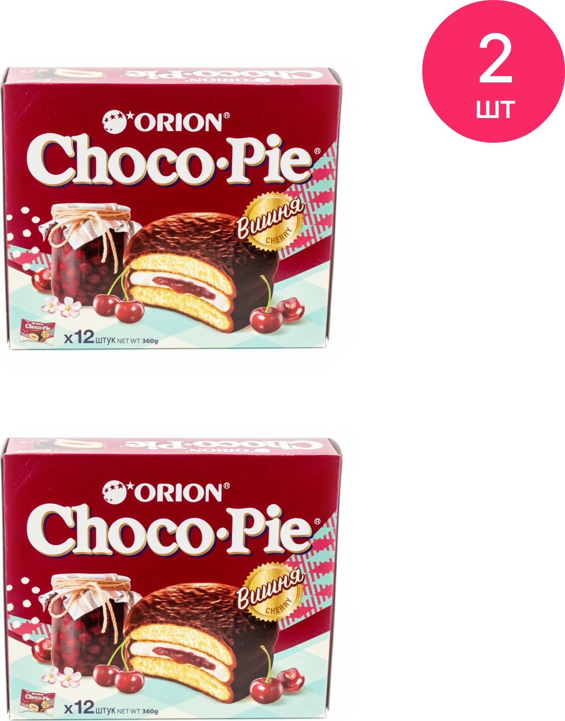 Печенье Чокопай/Choco Pie бисквитное вишня, 12 шт. 360г (комплект из 2 шт)  - купить с доставкой по выгодным ценам в интернет-магазине OZON (560957471)