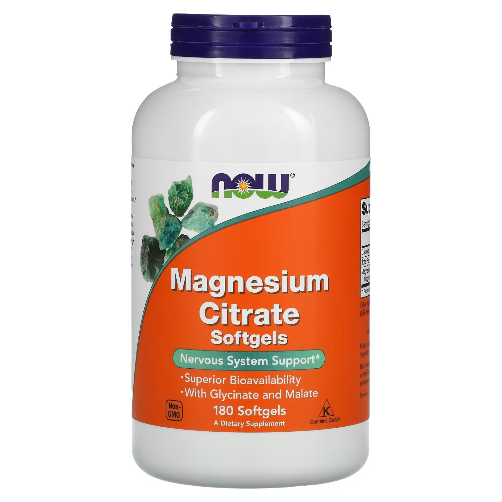 Магний цитрат, глицинат, малат NOW Foods Magnesium Citrate (180 гелиевых капсул)