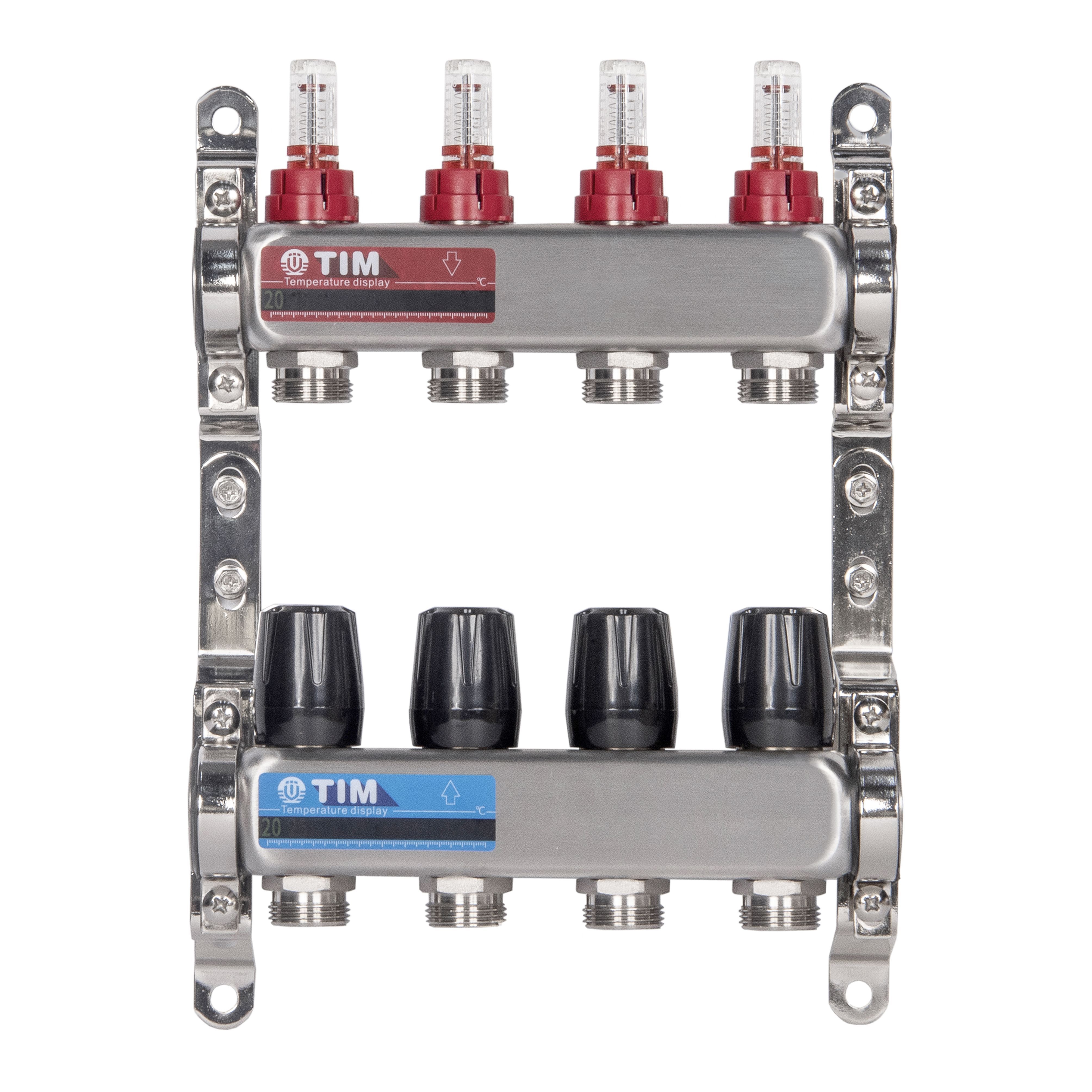 Коллекторная группа 4 контура с расходомерами 1" * 3/4" E, нерж. сталь, TIM, KDS5004