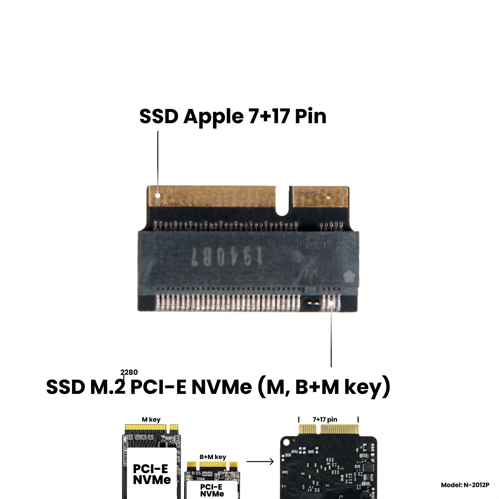 Адаптер-переходник для установки SSD M.2 2280 PCI-E NVMe (M, B+M key) в  разъем 7+17 Pin на MacBook Pro Retina 13/15