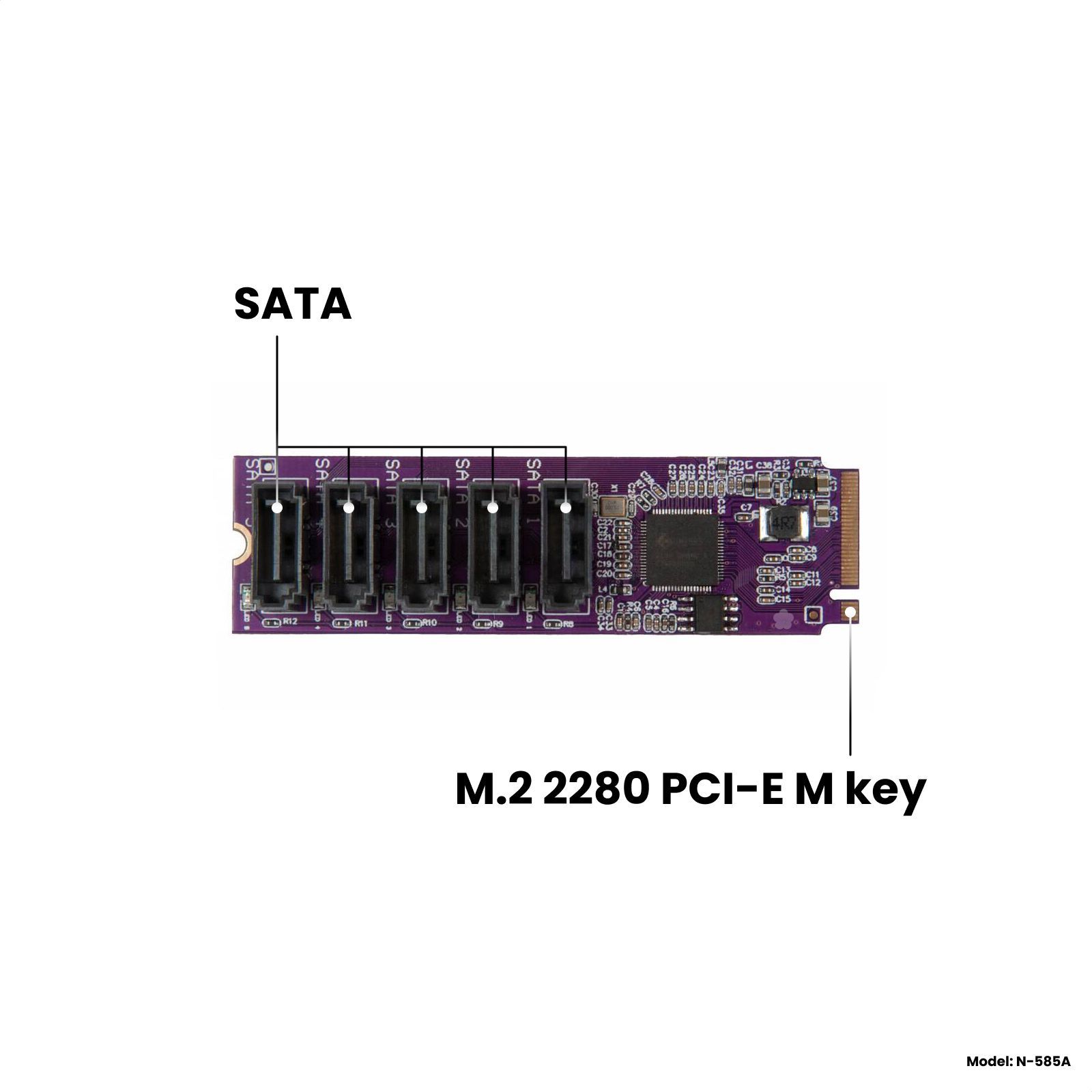 Адаптер-переходник (плата расширения) с M.2 2280 PCI-E 3.0 x2 (M key) на 5 портов SATA Gen3 (6 Гбит/с), NFHK N-585A