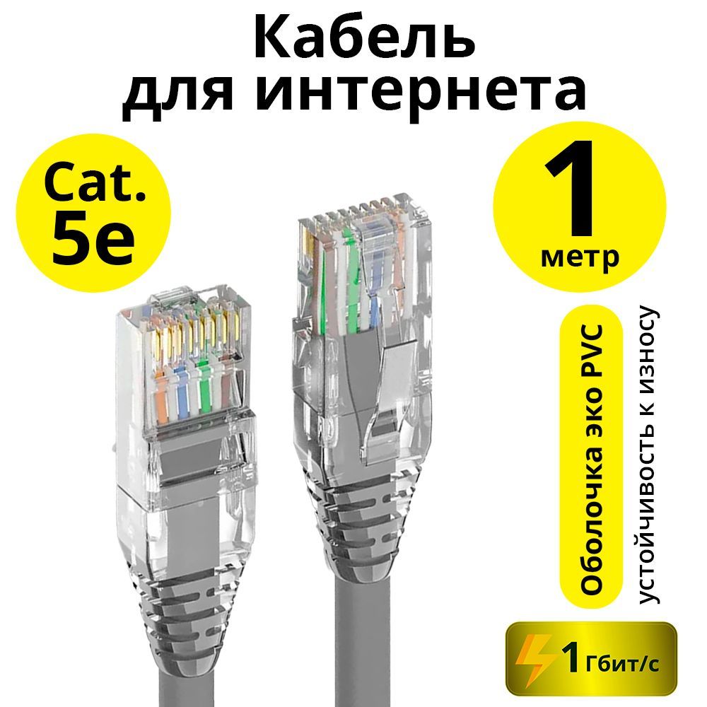 Патч корд кат. 5е 1 метр ELS сетевой кабель для интернета RJ45 для роутера модема телевизора приставки 1гбит/с серый