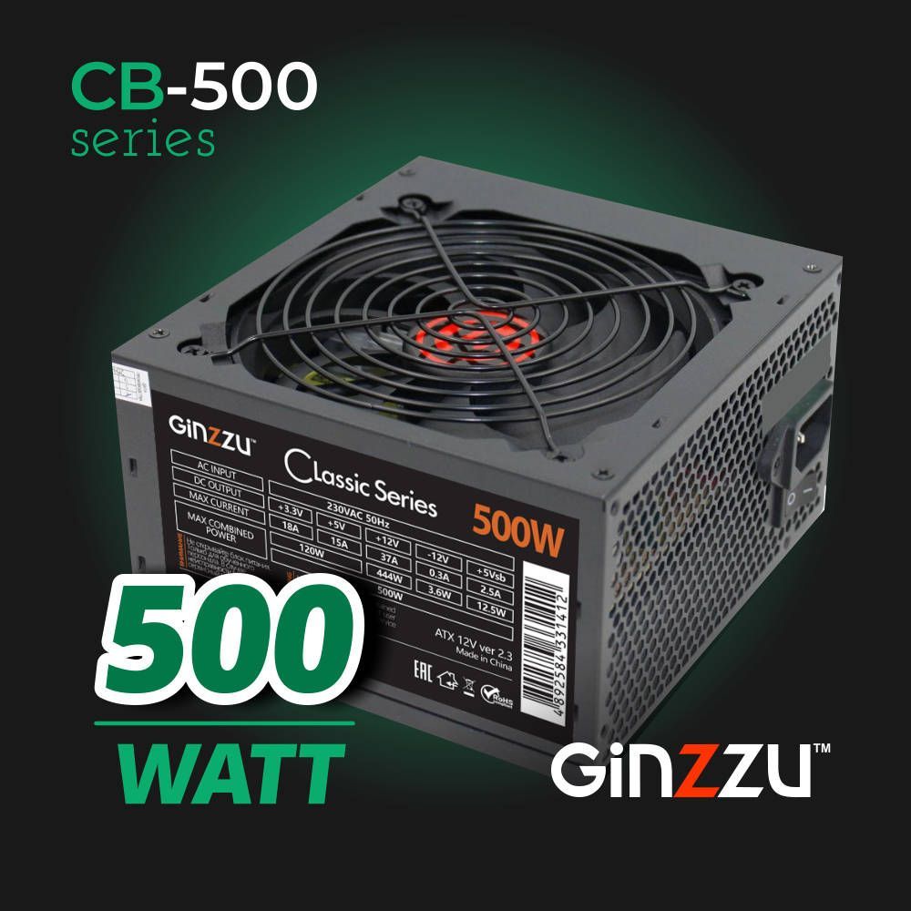 БлокпитанияGinzzu500W(CB500)ATX,12CM,20+4p,CPU(4+4),PCI-E(6+2p),4*SATA,3*IDE,кабельпитания