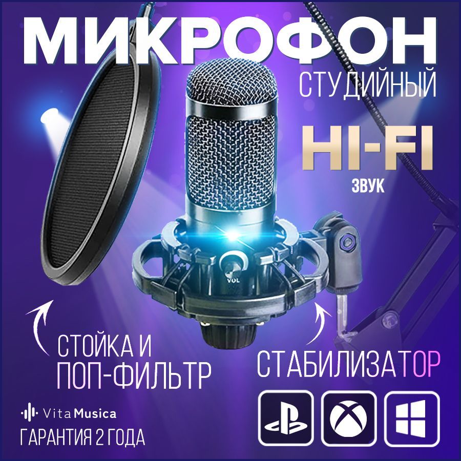 Микрофон для компьютера игровой Vita Musica, для стримов, студийный, для  записи подкастов с пантографом