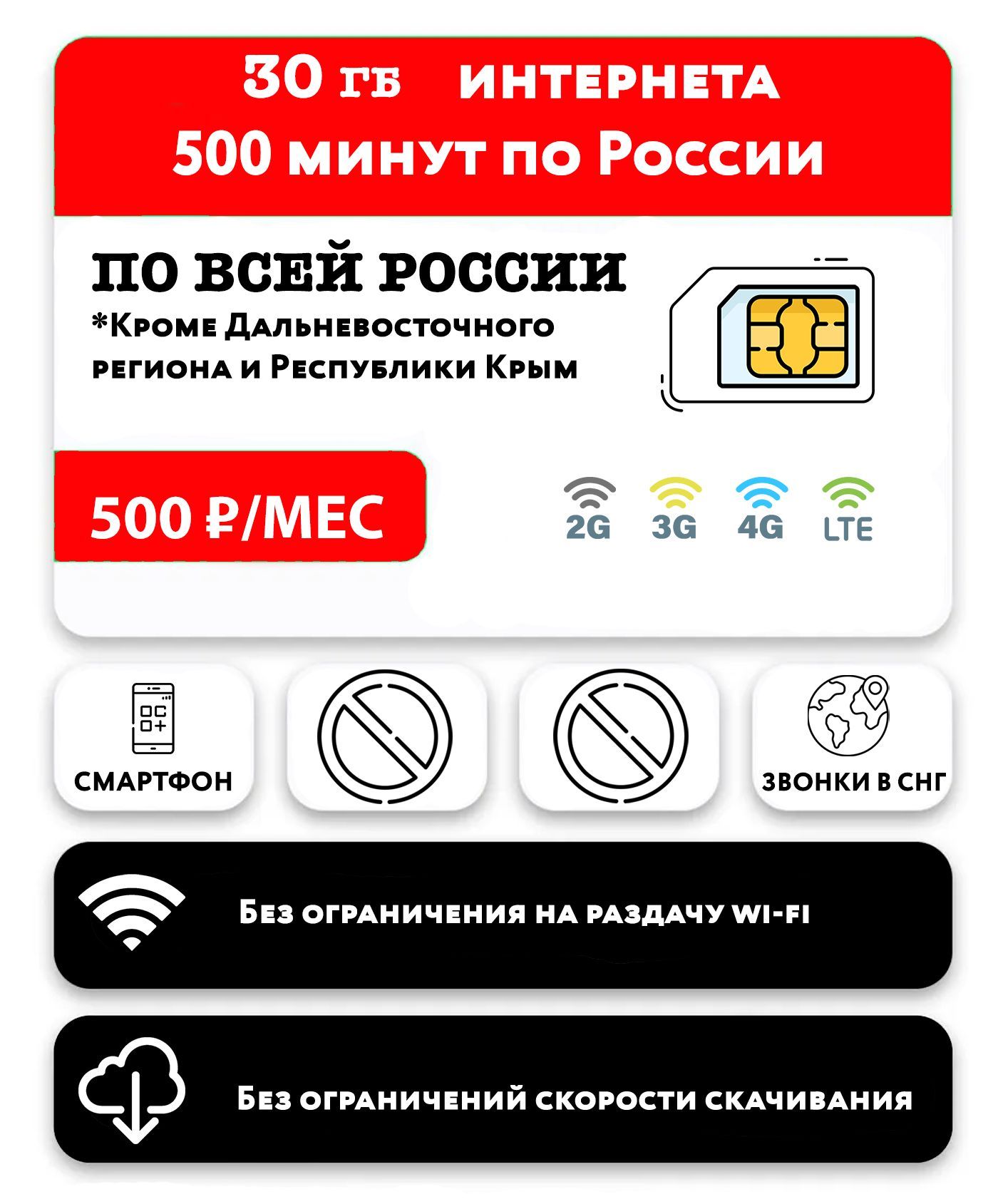 SIM-карта 30 гб интернета 3G/4G/LTE, 500 мин за 500 руб/мес (смартфоны) + в  тариф включена раздача (Москва, Московская область, Россия) (Москва, ...