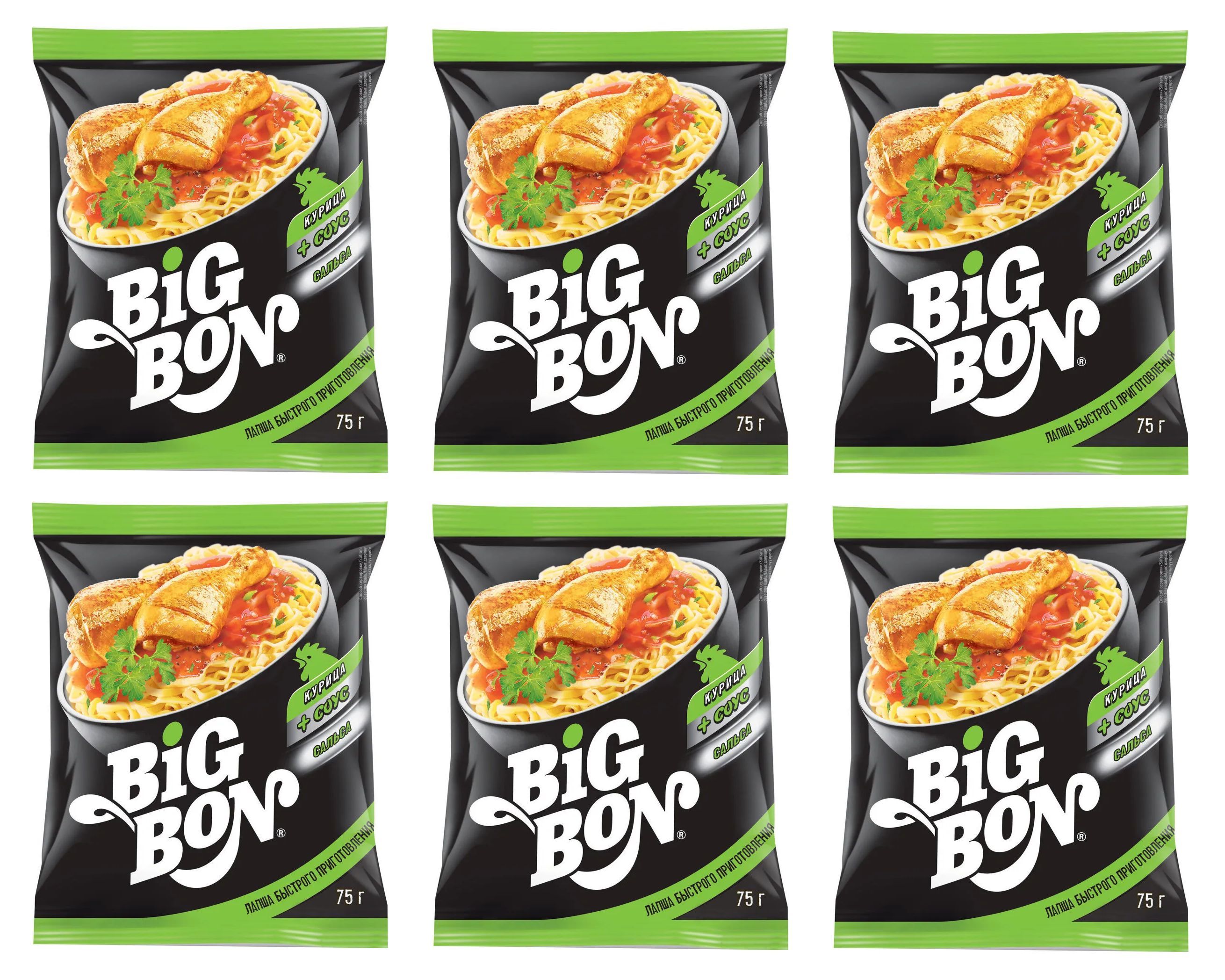 Лапша быстрого приготовления BIG BON куриная + соус сальса 75 г - 6 штук