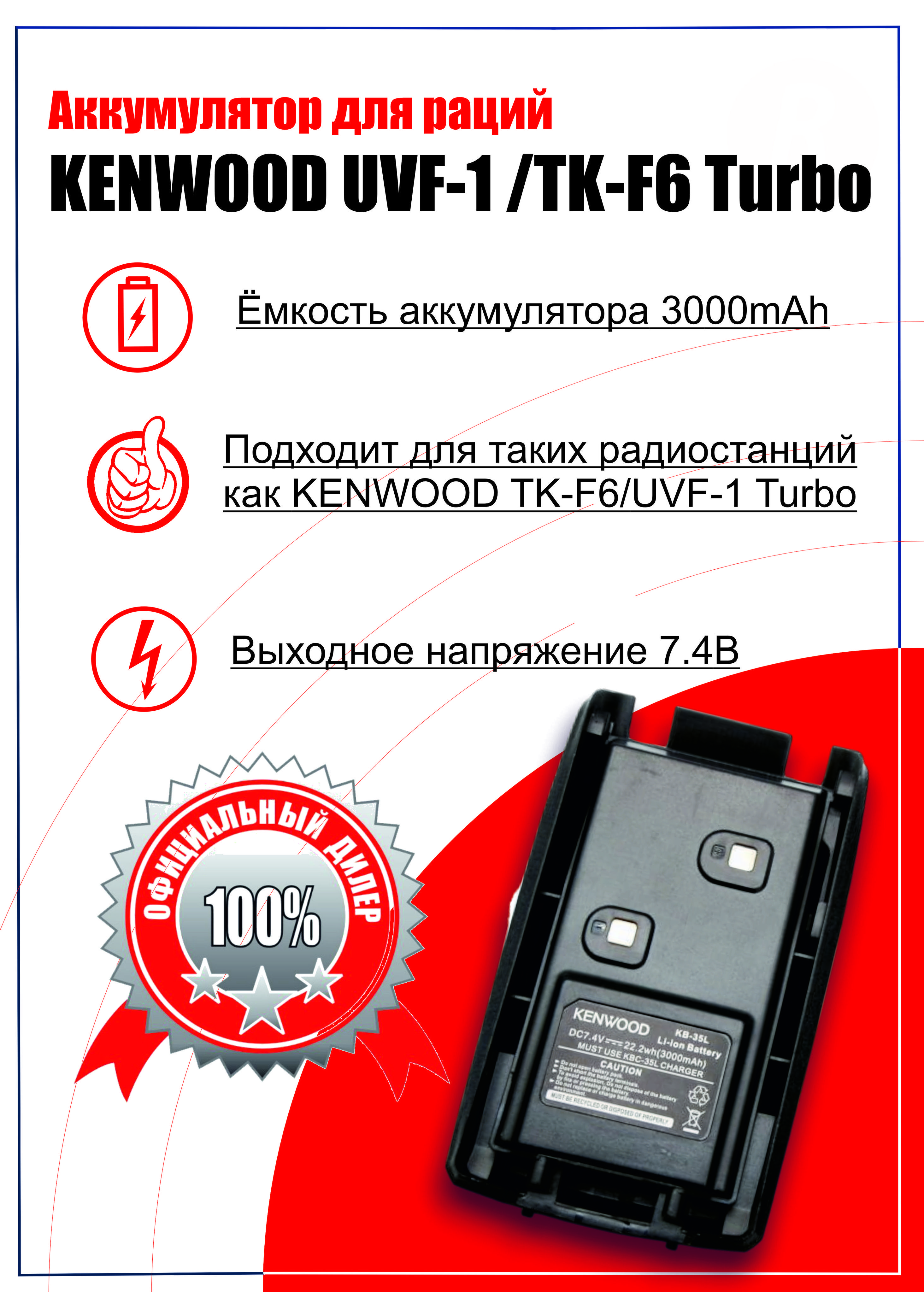 Аккумулятор (АКБ) KB-35L для рации Kenwood TK-F6 Turbo и Kenwood UVF-1 Turbo