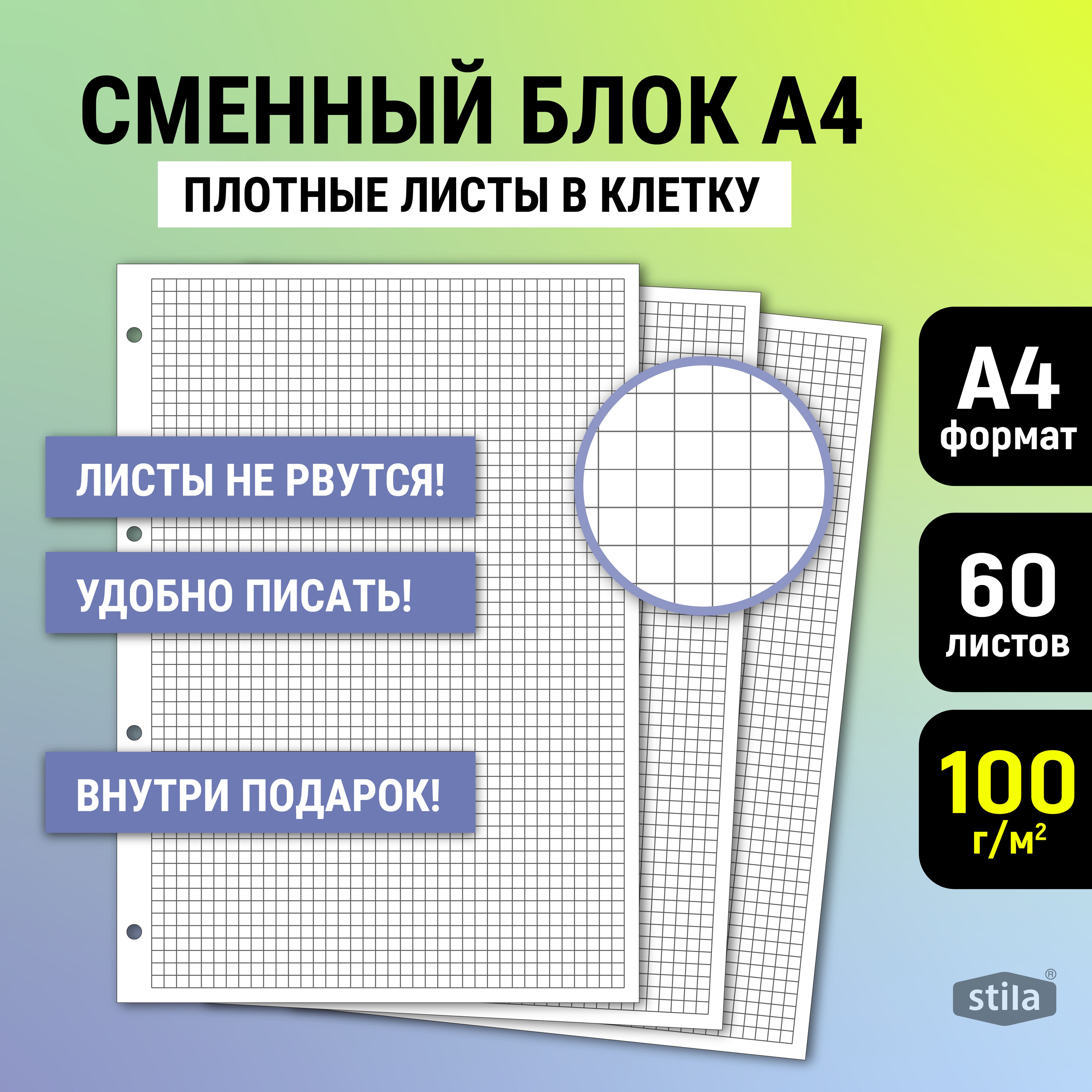 Cменный блок А4 в клетку для тетради на кольцах, 60 листов, плотная бумага  100 г/м2. - купить с доставкой по выгодным ценам в интернет-магазине OZON  (925100274)