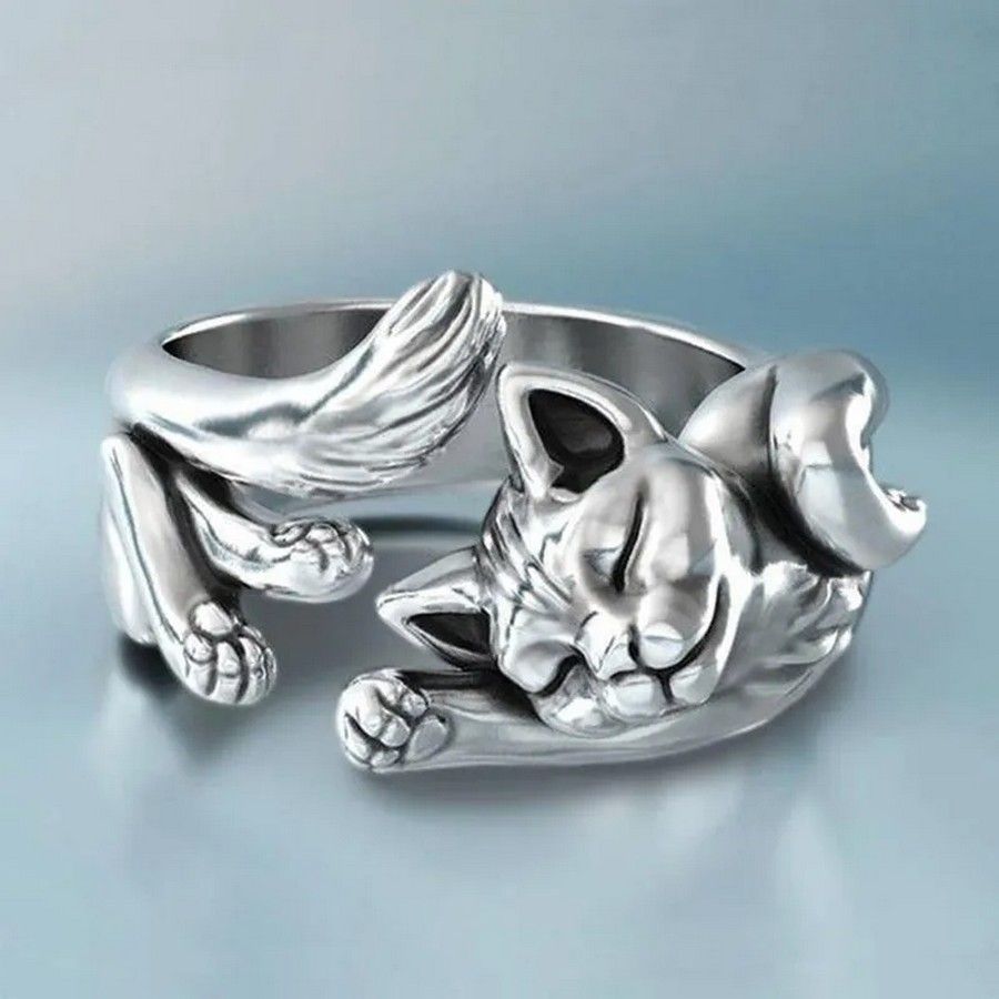 Серебряное кольцо кошка Кусь