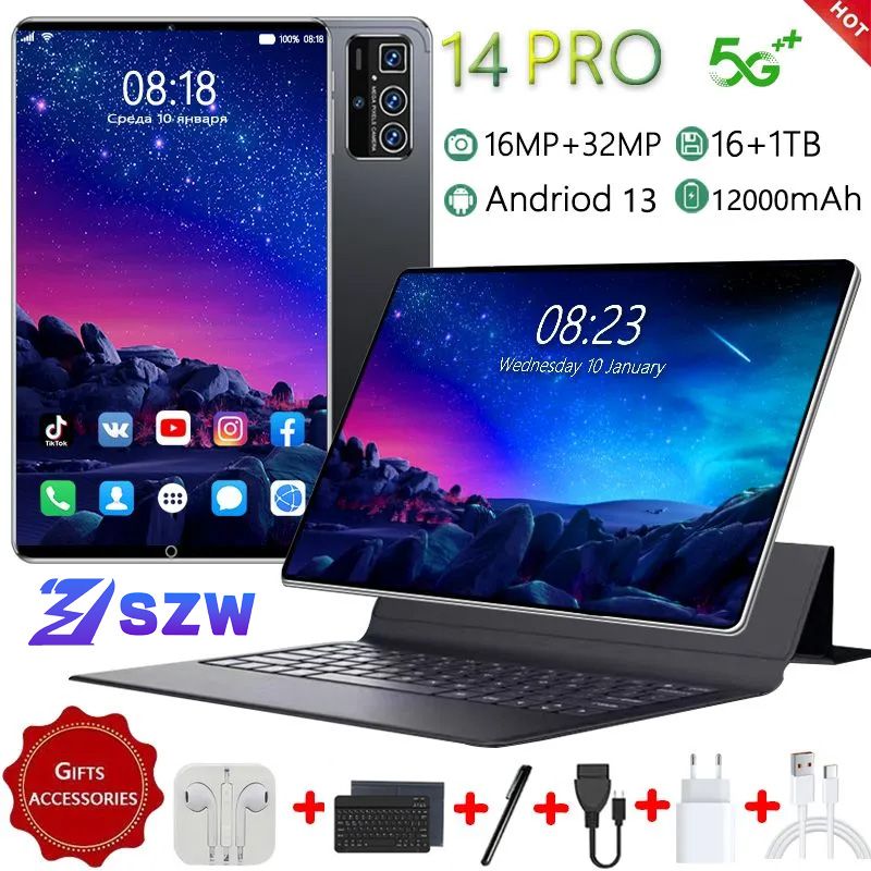 LenovoПланшетПланшетныйкомпьютерEvoTechPad14Pro,Android13/5g+Wi-Fi+GPS+двеSim-карты/большойHD-экран/игровойофисныйпланшетныйкомпьютербольшойемкости12000мАч/ИгровойпланшетныйкомпьютерAndroid/планшетныйкомпьютерсклавиатурой/Лучшийподарок,10,1",10.1"16ГБ/1024ГБ,черно-серый,кремовый