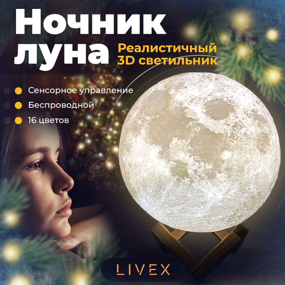 Ночник детский, для сна беспроводной светильник 3D шар Луна Moon Lamp светодиодный беспроводной, лампа настольная с пультом, 15 см