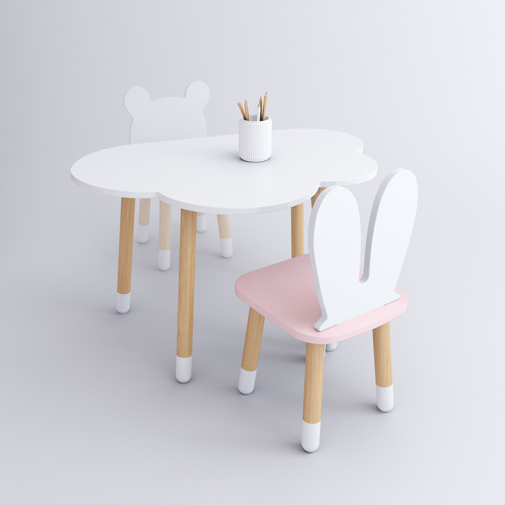 Комплект детской мебели DIMDOMkids, стол "Облако" белый + стул "Зайка" розовый  #1