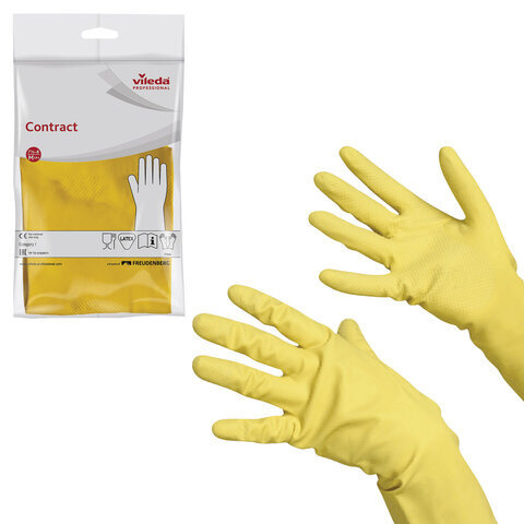 Перчатки хозяйственные резиновые VILEDA Контракт с х/б напылением, размер L желтые  #1