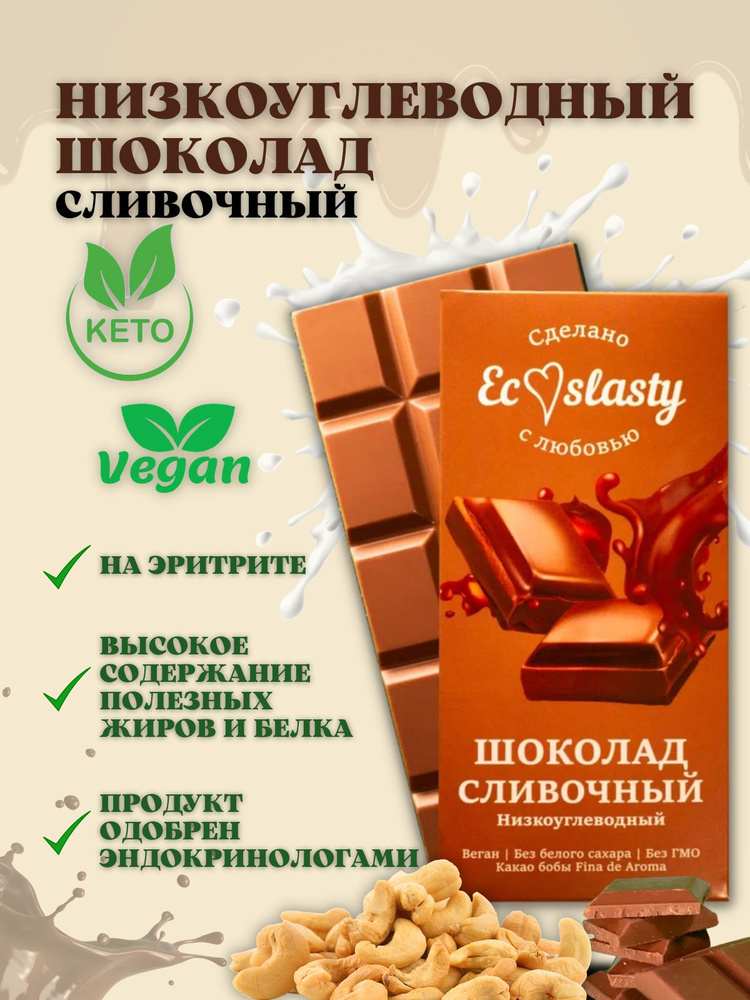 Шоколад сливочный Ecoslasty низкоуглеводный без сахара, веган, кето 70 гр.  #1