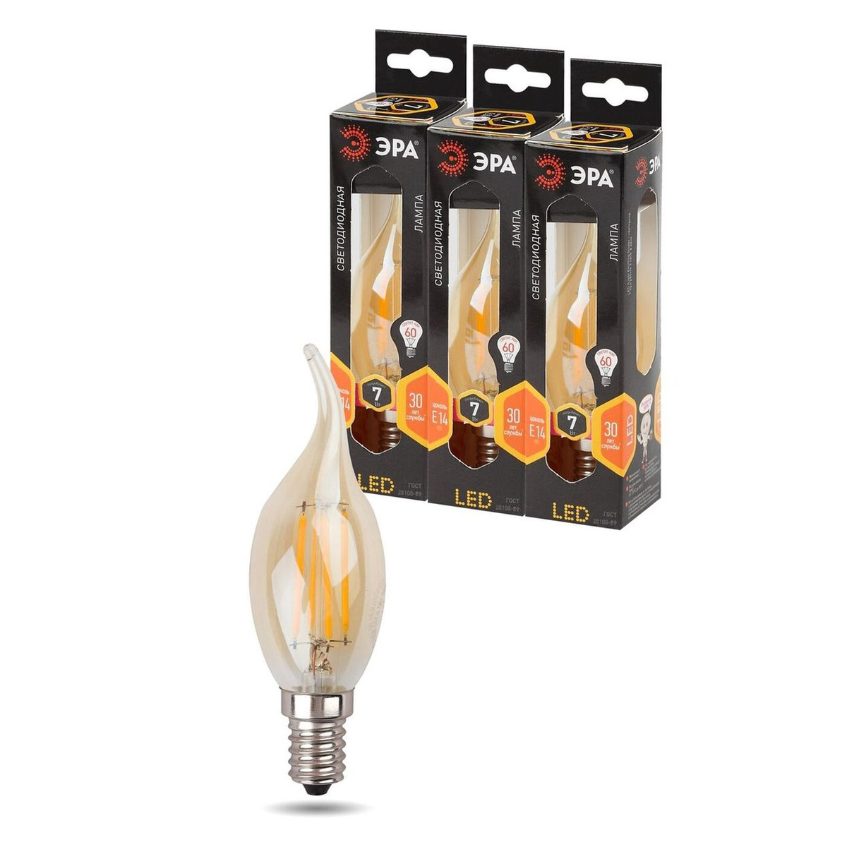 Лампочка ЭРА F-LED BXS-7W-827-E14 gold, Теплый белый свет, 7 Вт, Филаментная, 3 шт.  #1