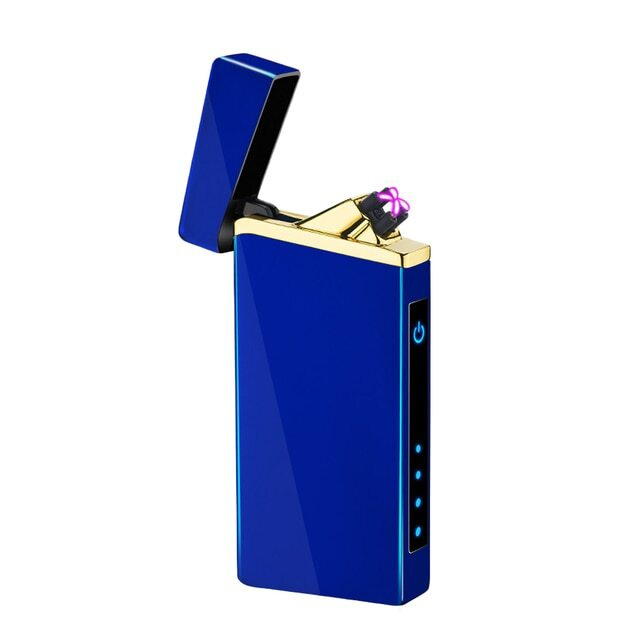 Сенсорная USB зажигалка импульсная, две дуги, индикация заряда, синяя .